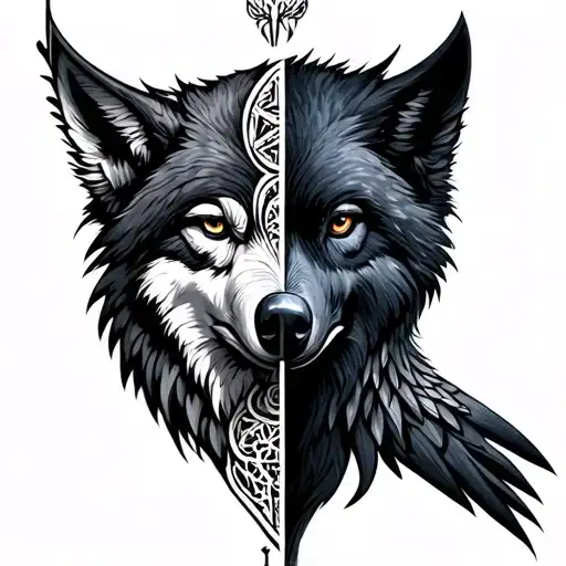 Half Raven And Half Wolf Nordics Runes Mandala