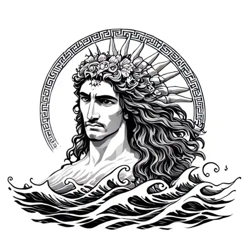 Posidon God Of The Sea With Water Waves And Greek Patterns