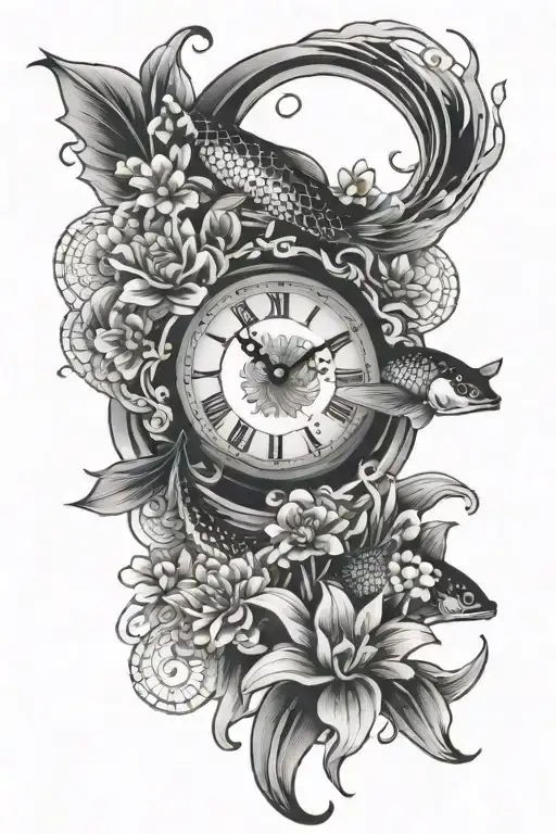 Clocks Flowers And Koi Fish Swimming
