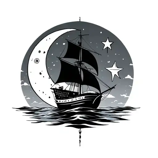 Sail Boat With One Moon One Star