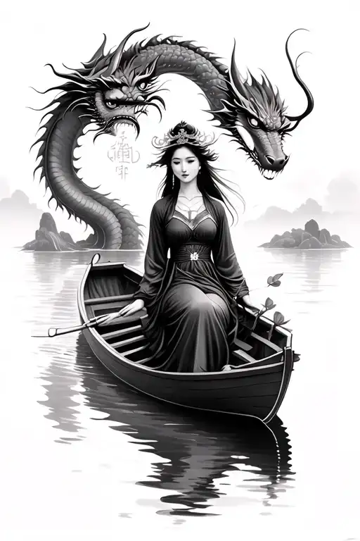 Vietnamese Lady In Boat With Dragon Around It