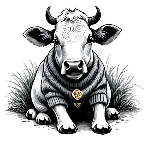 A Little Sitting Cow With A Sweater On As An Illustration