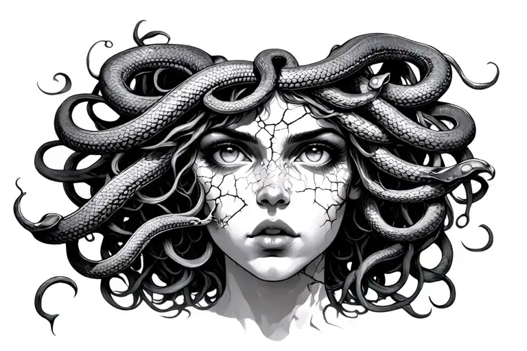 Medusa With Cracks In Her Face And Glossed Over Eyes And Head Full Of Snake
