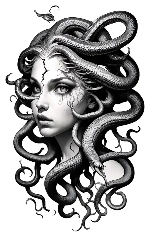 Medusa With A Crack In Her Face And Glossed Over Eyes And Head Full Of Vicious Snakes