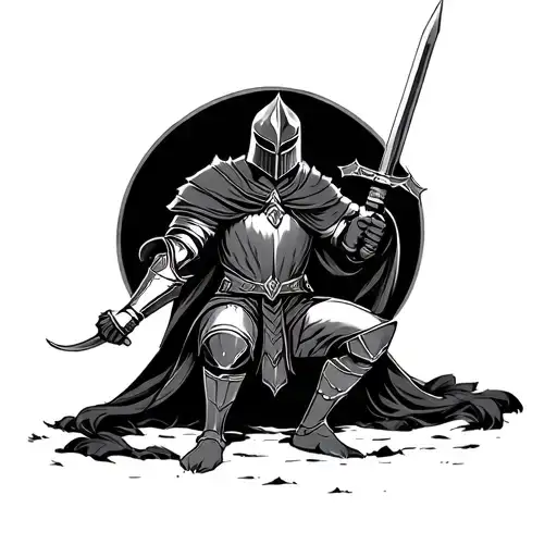 An Image Of A Knight An Earth Kneel Holding His Sword In Front Of Luidans A Dark Style