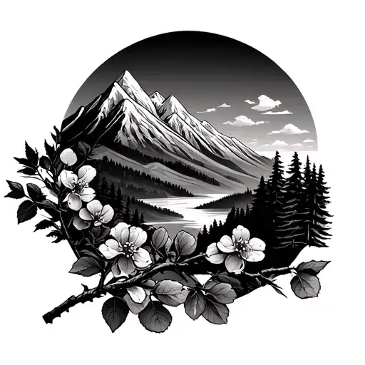 Mountain Landscape With Hawthorne Branch In The Foreground