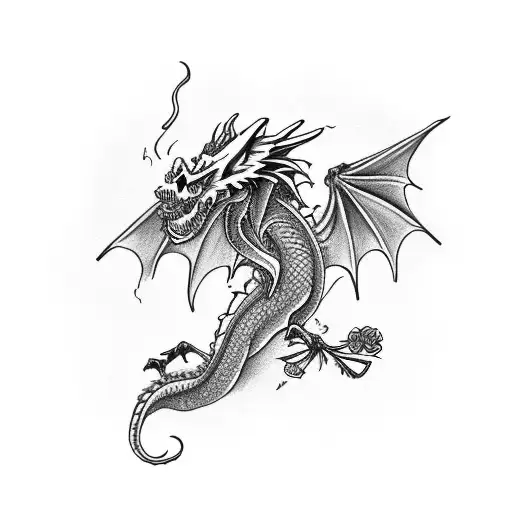 Dragon With Flowers And Skull