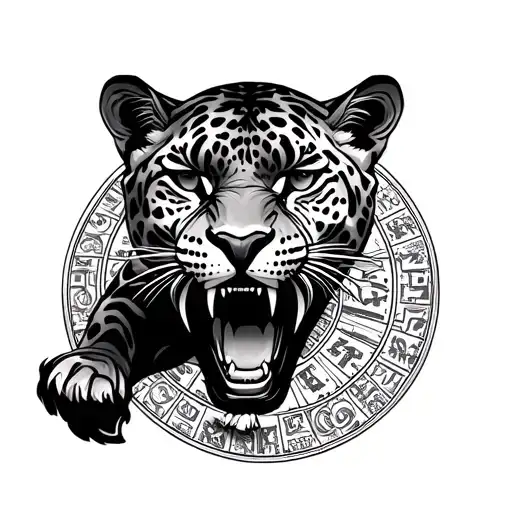 Rugged Jaguar With Open Mouth Biting Down On Aztec Calendar