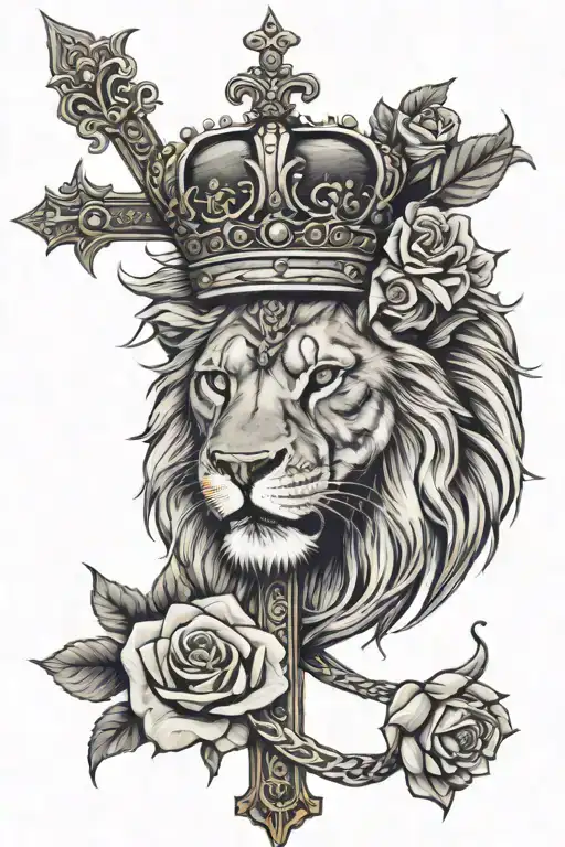 Christian Cross With Roses With A Lion Wearing A Crown