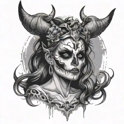 Demonic Women With Horns Wearing A Skull Crown