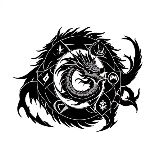 A Dragon With Symbols Representing The 4 Elements
