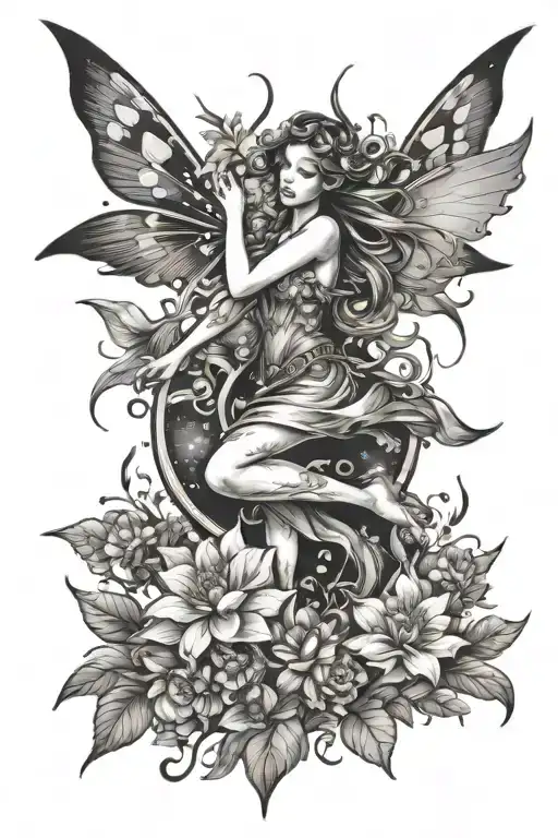 A Fairy Who Flies To The Stars Surrounded By Flowers In The Form Of A Fresco