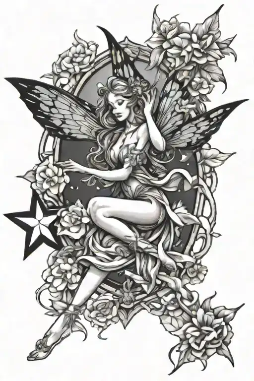 A Fairy Who Flies To The Stars Surrounded By Flowers On A Stained Glass Background