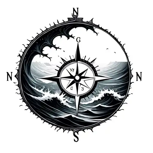Compass Surrounded By Ocean Waves