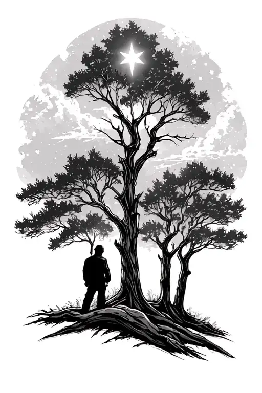 Draw Me A Sketch For Tattoo Of A Man Siluete In Forest Between Four Tree's Watching Big Star In Sky