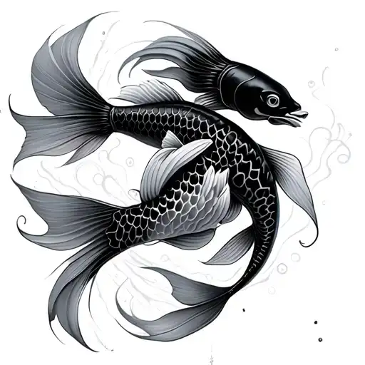Abstract Lines With Koi Fish Integrating With The Lines