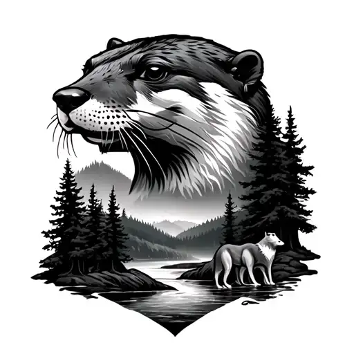An Otter Head With A Forest Below It With 3 Wolves In The Forest With A River In The Forest