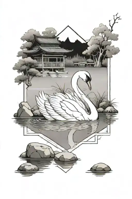 A White Swan In A Rectangular Frame Next To A Japanese House And Below It A Pond Of Water And Stones
