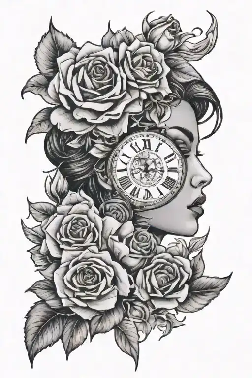 Half Face Woman And Roses And Clock