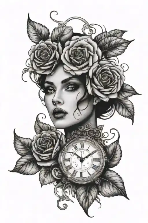 Half Face Woman And Clock Rose