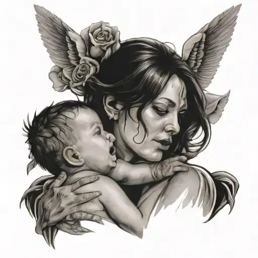 Mother With Guns And Wings Crying Holding Her Baby Son