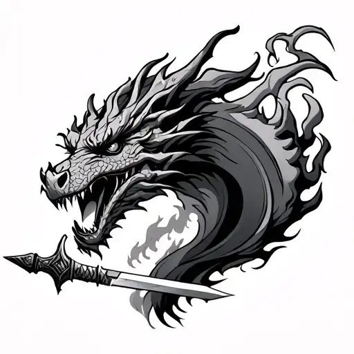 3 Head Dragon Breathing Fire Holding Sword