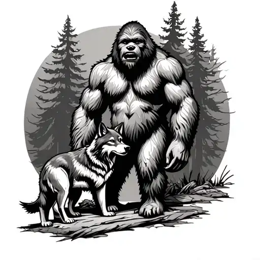 Bigfoot With Pet Wolf In Woods 2 Adults