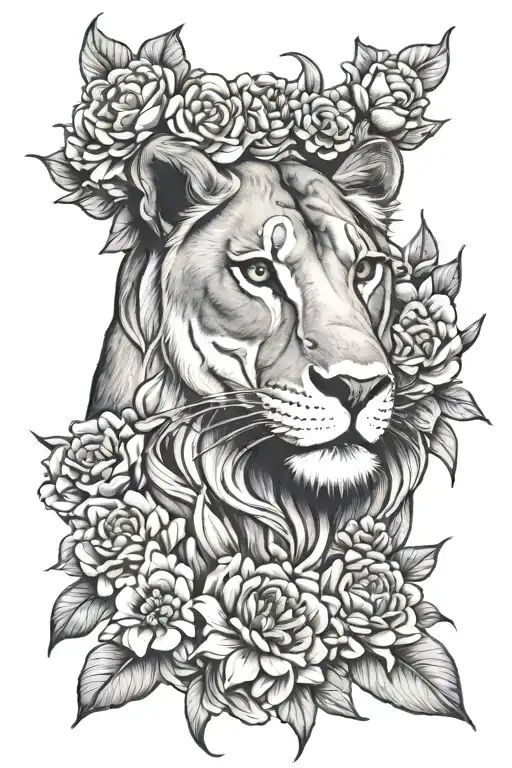 Sun Goddess Lioness Surrounded By Flowers