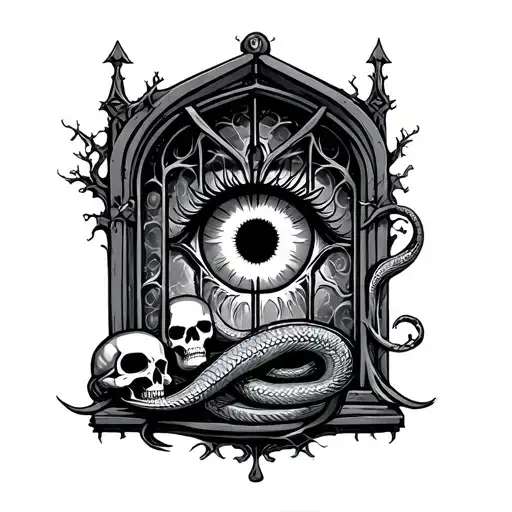 Gothic Window With Eye And Skulls And A Snake