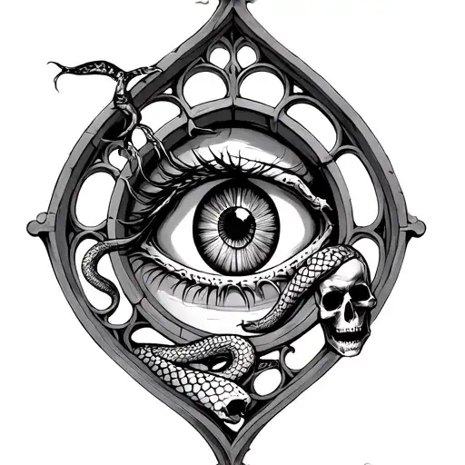 Gothic Window With Eye And Skulls And A Snake