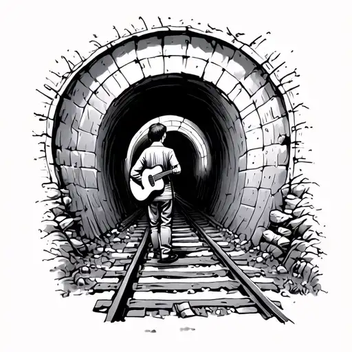Sketch Of A Boy With A Guitar On His Back Walking Through A Tunnel On A Railway Track