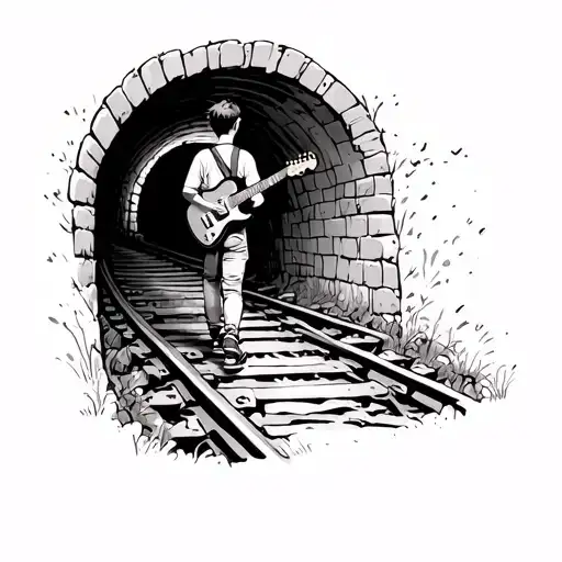 Sketch Of A Boy With A Guitar On His Back Walking Through A Tunnel On A Railway Track