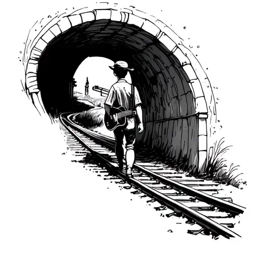 Sketch Of A Boy Carrying A Guitar On His Back Walking Through A Tunnel On A Railway Track