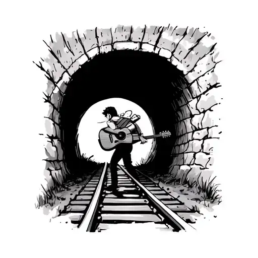 Sketch Of A Boy Carrying A Guitar On His Back Walking Through A Tunnel On A Railway Track