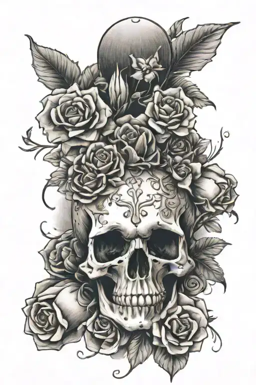Skull Surrounded By Blooming Flowers With Dice