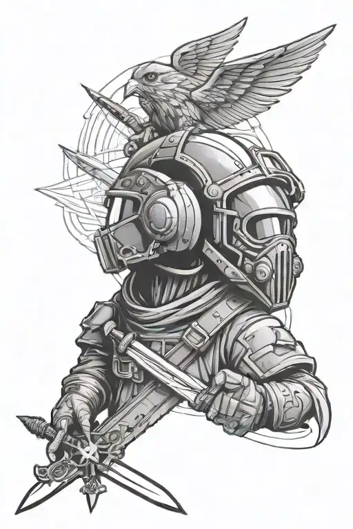 Royal Fighterpilot And Sword In Technical Drawing Style