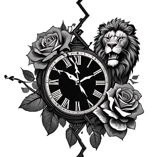 Broken Clock With Roses And A Lion