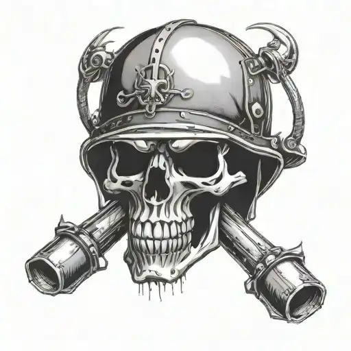 Skull Shaped Welding Hood With Crossed Torches Behind It
