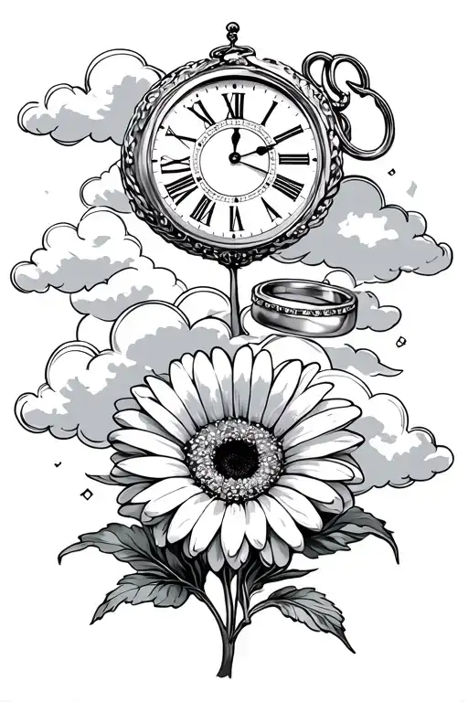 Gerbera With Clouds Surrounding With Clocks And Dates With Linked Wedding Rings