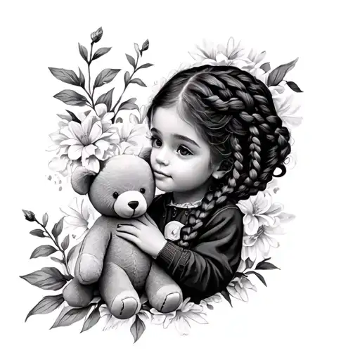 Little Girl With Braids Holding A Teddy Surrounded By Flowers
