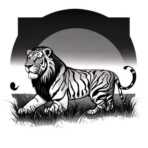 Lion Tiger Savannah Under A Sunset