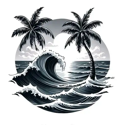 Ocean Waves With Sunset And Palm Tree