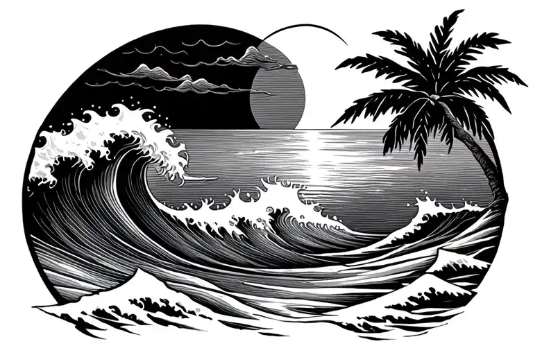 Ocean Waves With Sunset And Palm Tree In A Circle