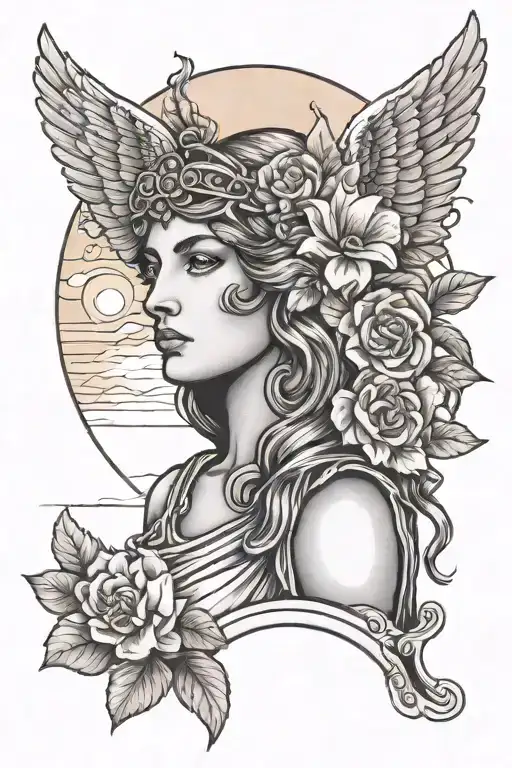 A Tattoo Design Depicting Athena Holding A Beautiful Flower Under A Majestic Sunset