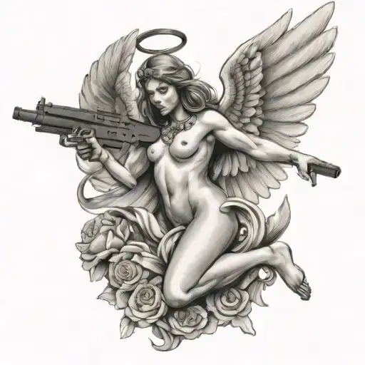 Angel Flying While Aiming Ak47 Nude