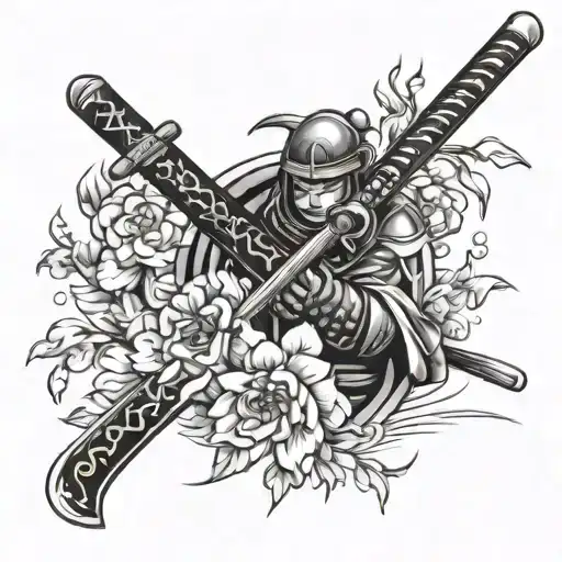 Wakizachi And Katana With Japanese Flowers