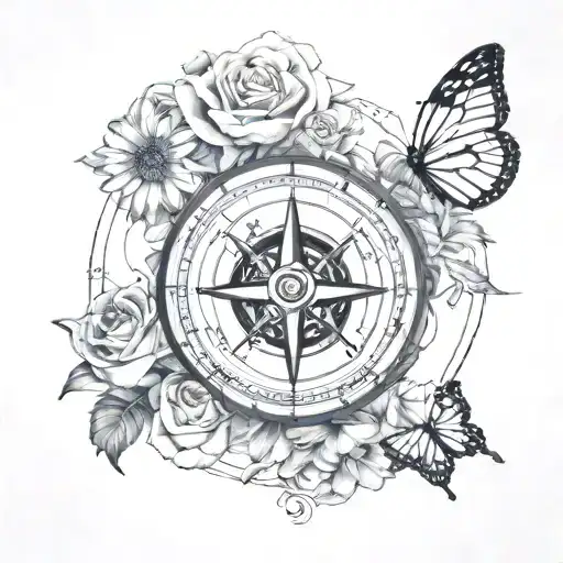 Compass With Flowers And Butterfly Resting