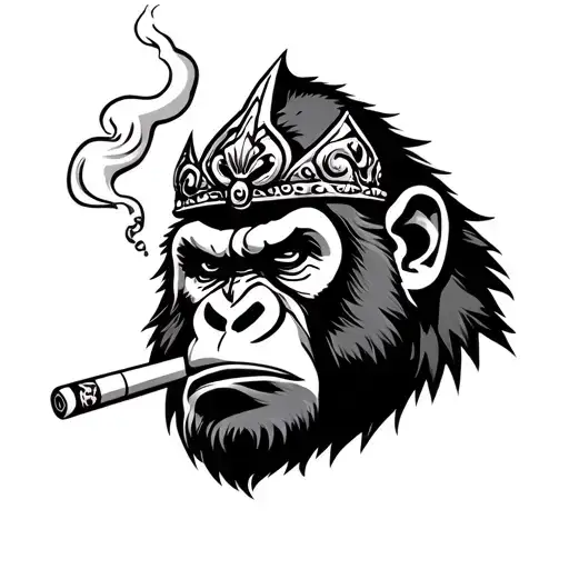 Black And White Angry Crowned Gorilla Face Smoking Cigarette With Rising Smoke