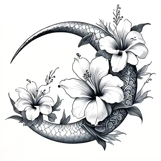 Pisces Fish Crescent Moon Hibiscus Flowers Lillys