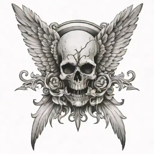 A Design With Angel Wings And A Skull In The Middle In Black And White